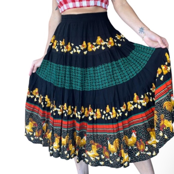 Vintage Carole Little Petites Novelty skirt Hen Chicken Black Kelly green 18 - Picture 15 of 15